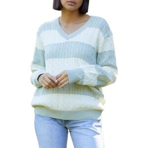 Brandy Melville /John Galt Green White Stripe Cable Knit V Neck Nikki Sweater